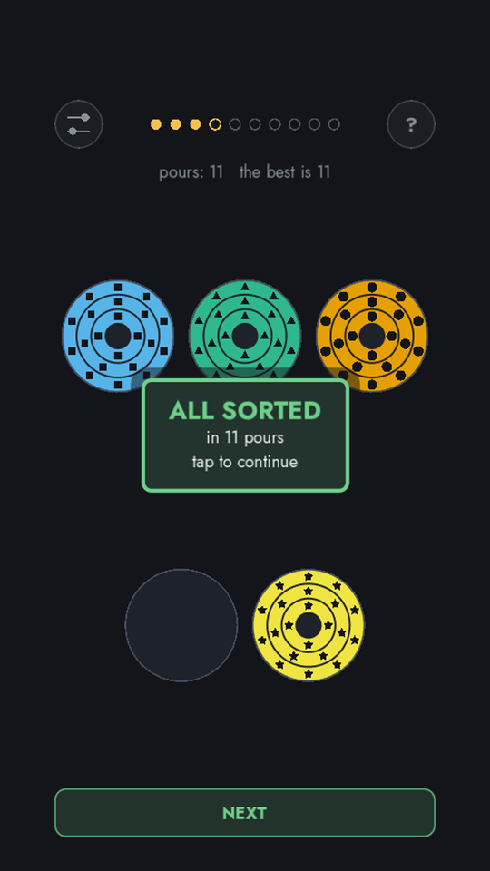 A sorted level: each target holds rings of a single colour.