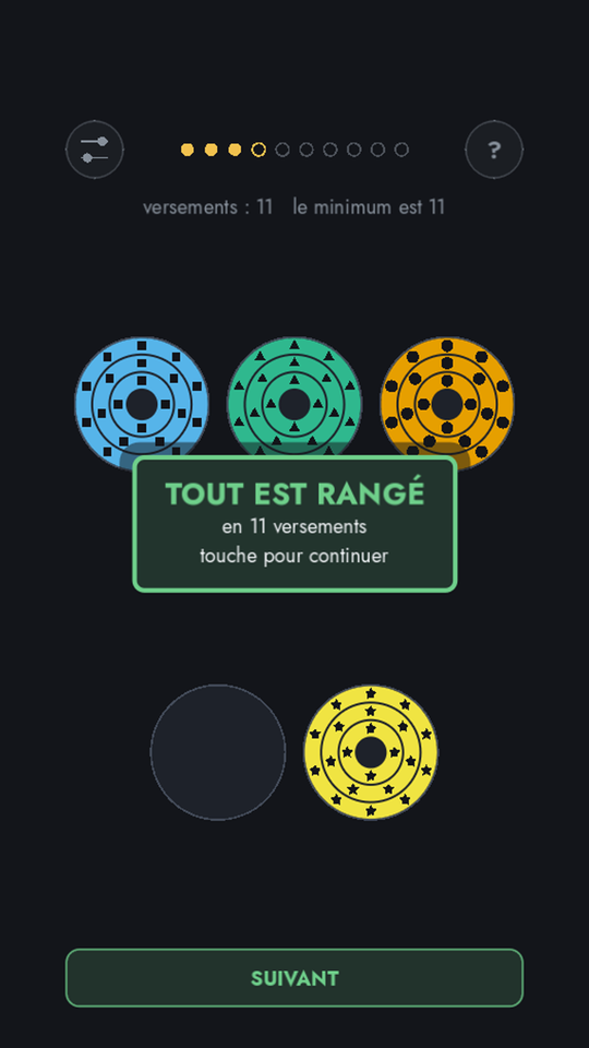 Un niveau rangé : chaque cible ne porte que des anneaux d'une couleur.